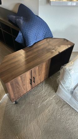 Wood TV Stand with Cabinet and Open Shelf