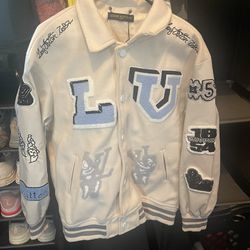 White and blue Louis Vuitton varsity jacket 