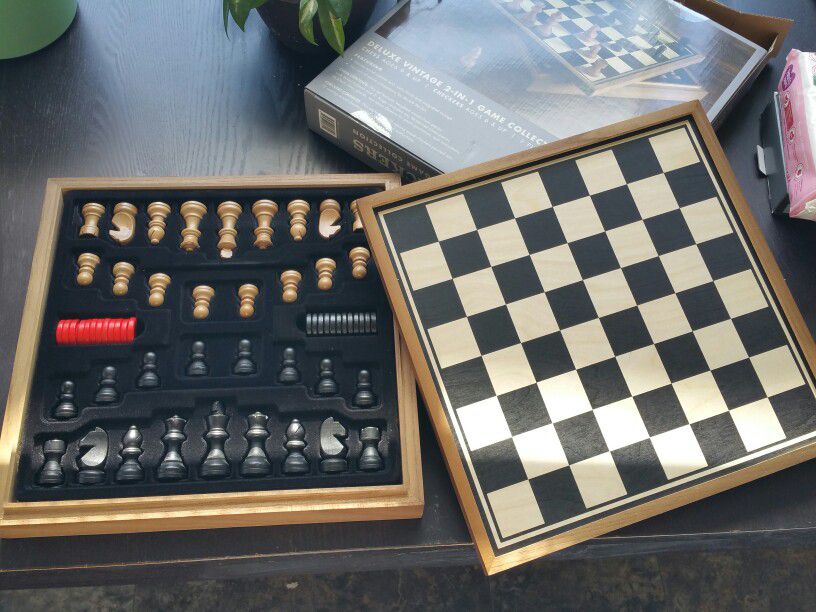 Brand New Wooden Chess + Checkers Game Set 15" X 15"