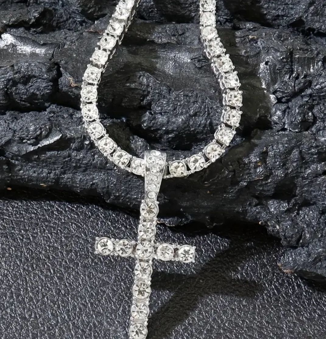 Sliver Tennis Diamond 20in cross pendant necklace
