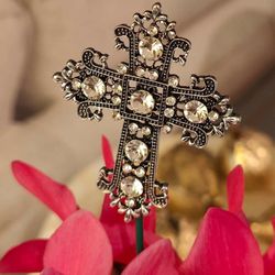 Jeweled Silver Cross Flower Ornament