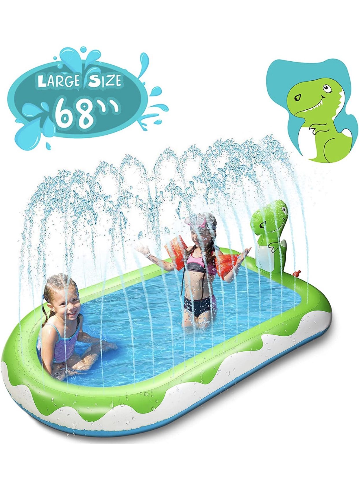 Inflatable Sprinkler Pool for Kids Large 68” 3 in 1 Dinosaur Splash, Indoor Play