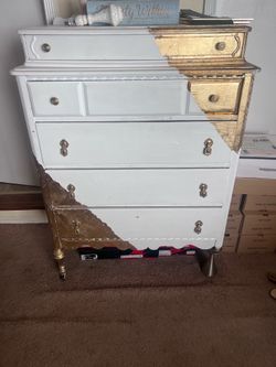 Vintage Upcycled Dresser, White & Gold Leaf Finish (READ DESCRIPTION)