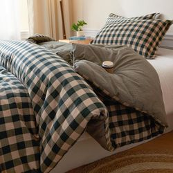 Cyusri Cotton Plaid Full Comforter Set - Soft Lightweight Bedding 3 Pieces Dyed Bed Set With 2 Pillow Shams,Reversible All Season Farmhouse Down Alter