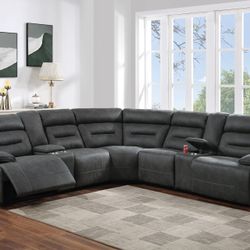 GREY POWER MOTION RECLINING SECTIONAL WITH WIRELESS CHARGING CONSOLE 