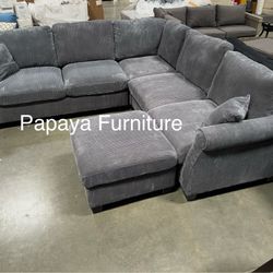 New! Comfy Plush Sectional Couch, Sectional And Ottoman, Grey Sofa, Gray Couch, Corduroy Sectional, L-Shaped Sofa, Living Room Sofa Set, Plush Couch