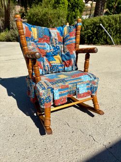 Vintage Wood Rocking Chair with Patchwork Cushions