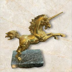 Aldon Vintage 1982 Solid Brass Marble Base Statue Charging Unicorn