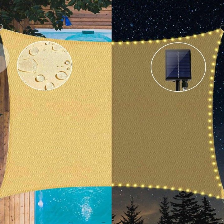 LED Shade Sail Waterproof 6.5x10FT Built-in LED, Integrated Sunshade Sail 8 Flashing Modes 98% UV Protection