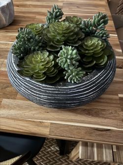 Modern Faux Succulent Centerpiece – Black Textured Bowl