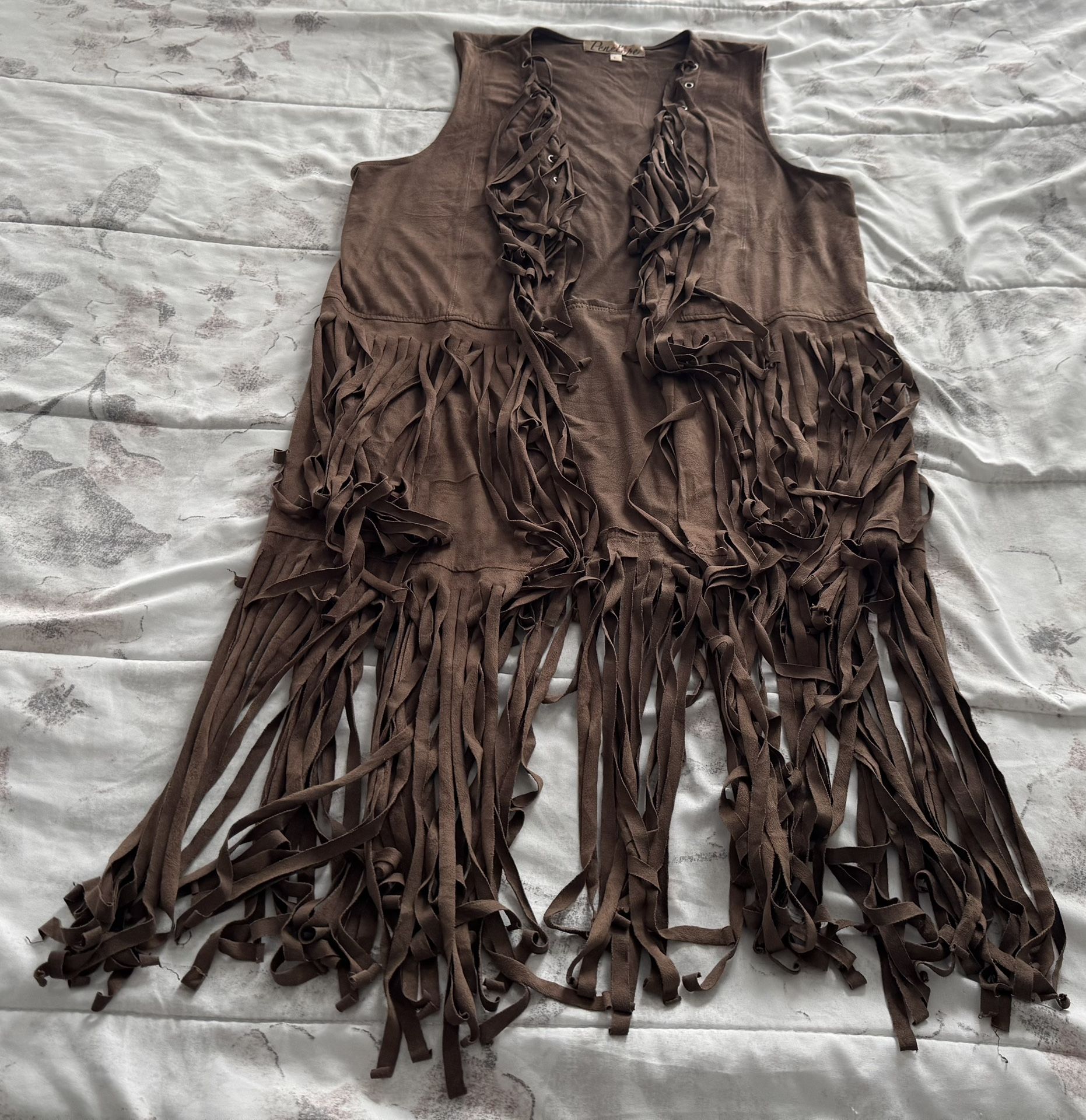 Penelope Women’s Brown Vegan Suede Fringe Tassels Open Front Vest Cardigan, size L