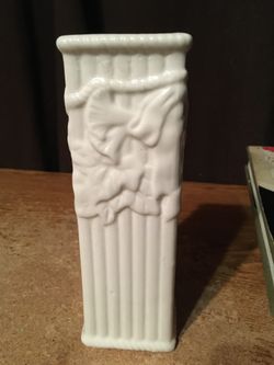 Vintage white pillar floral design vase 8 in