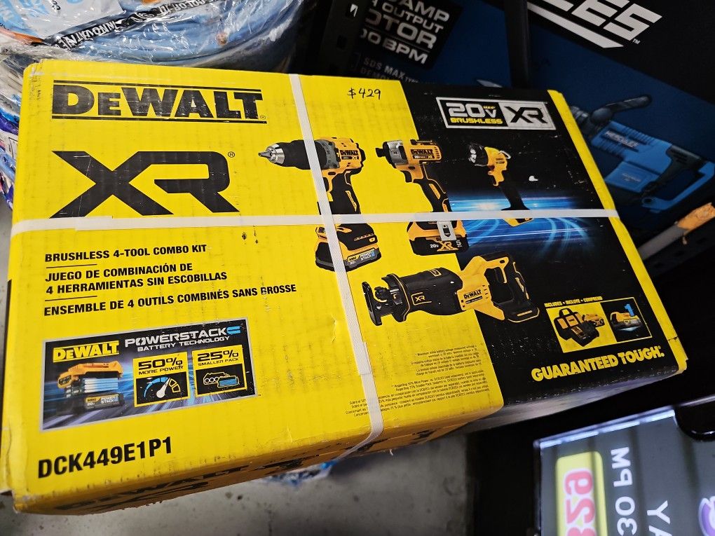DEWALT 20V MAX XR Brushless 4-Tool Combo Kit with POWERSTACK Compact Battery, 5.0Ah Battery, Charger and Tool Bag
Item #4968098 |
Model #DCK449E1P1
