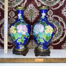 Pair Of Vintage Chinese Cloisonne Vases On Carved Wood Rosewood Stand 