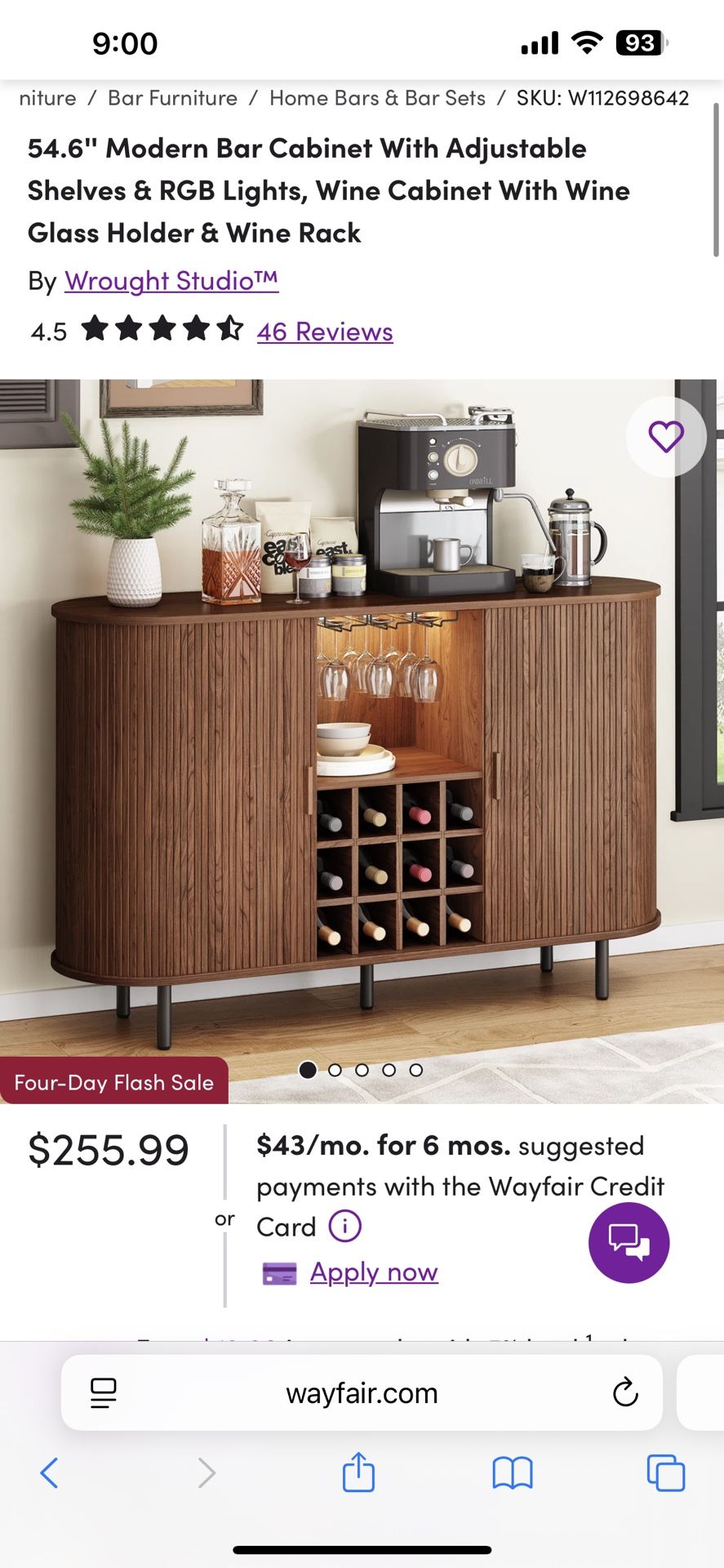 New in box 54.6'' Modern Bar Cabinet Sideboard Wayfair MSRP $256