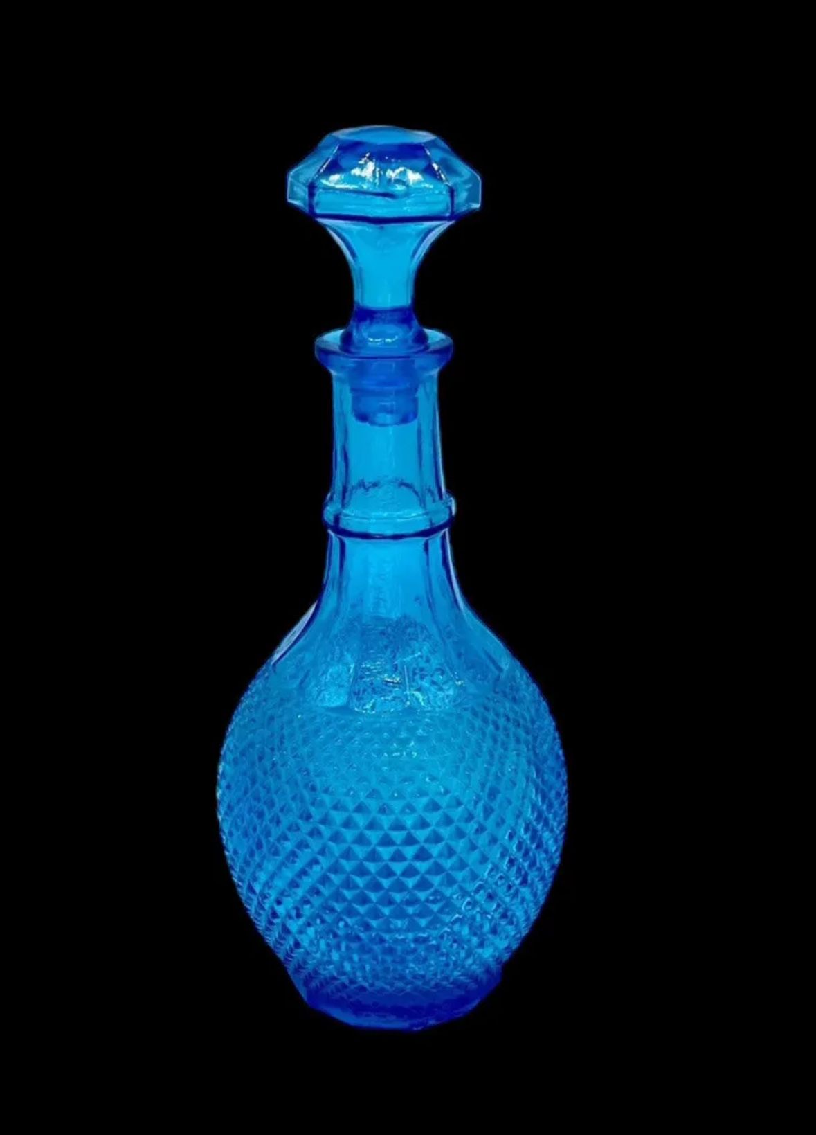 Vintage Empoli Blue Diamond Point Cut Glass Bottle Decanter Faceted Stopper 13"