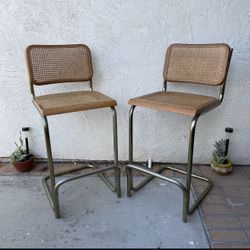 MCM MID CENTURY MODERN CESCA STYLE RATTAN CANE BAR COUNTER HEIGHT CHAIRS STOOLS PAIR