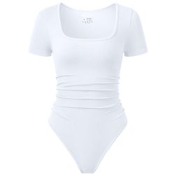 OQQ Women Bodysuits Ruched Short Sleeve Square Neck Stretch Lounge Travel Bodysuits White M