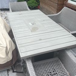 Outdoor Dining Table with Propane Fire Pit + Wicker Chairs & Cushions Seats 6