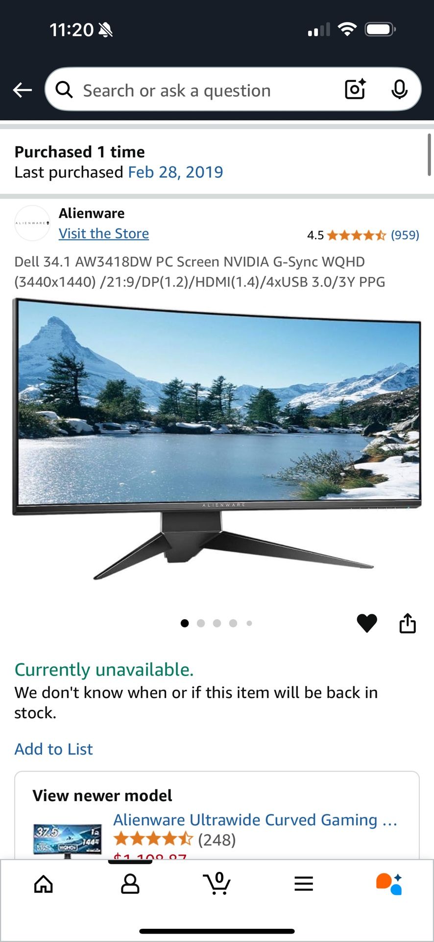 Alienware 34” Monitor. G-Sync 1440p QHD