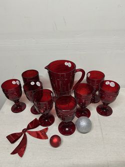 Princess House Red Pitcher With 8 Goblets