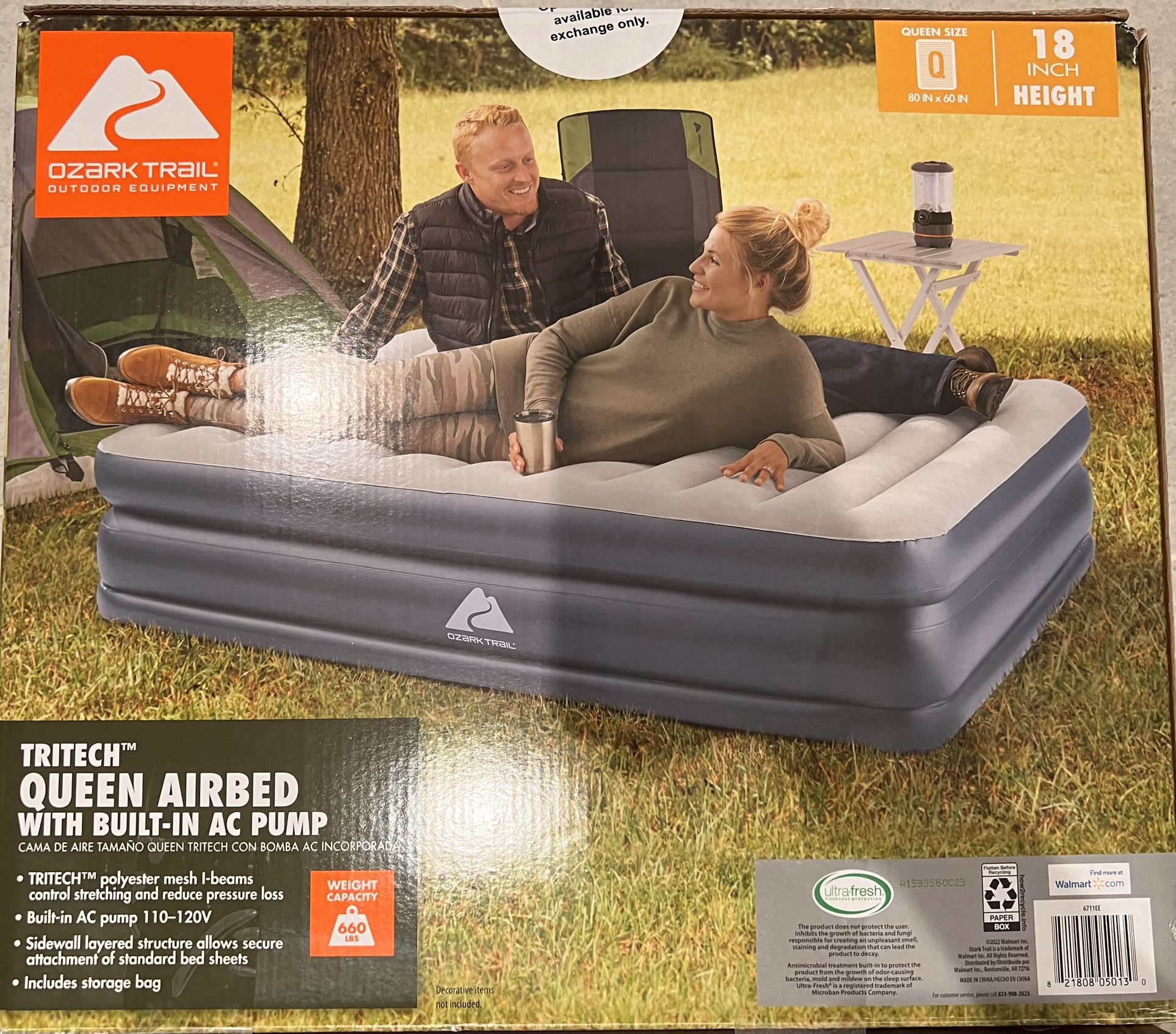 Ozark Trail Tritech QuadComfort 18in Air Mattress Antimicrobial Coating with Built-in AC Pump, Queen