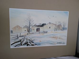 Original Watercolor Painting Winter Farm Scene