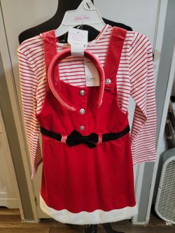 Brand New Little Lass red velvet holiday dress, striped shirt set with matching headband Size 6