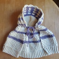 Toddler Cape Cloak 100% Wool One Of A Kind Handmade Crochet Purple Cream 12M-2T