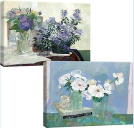 New 18X24” Flower Wall Art Decor Set of 2 Framed Canvas Floral Botanical Impressionistic Realism