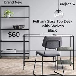Brand New Project 62 Fulham Glass Top Desk With Wood Shelves
