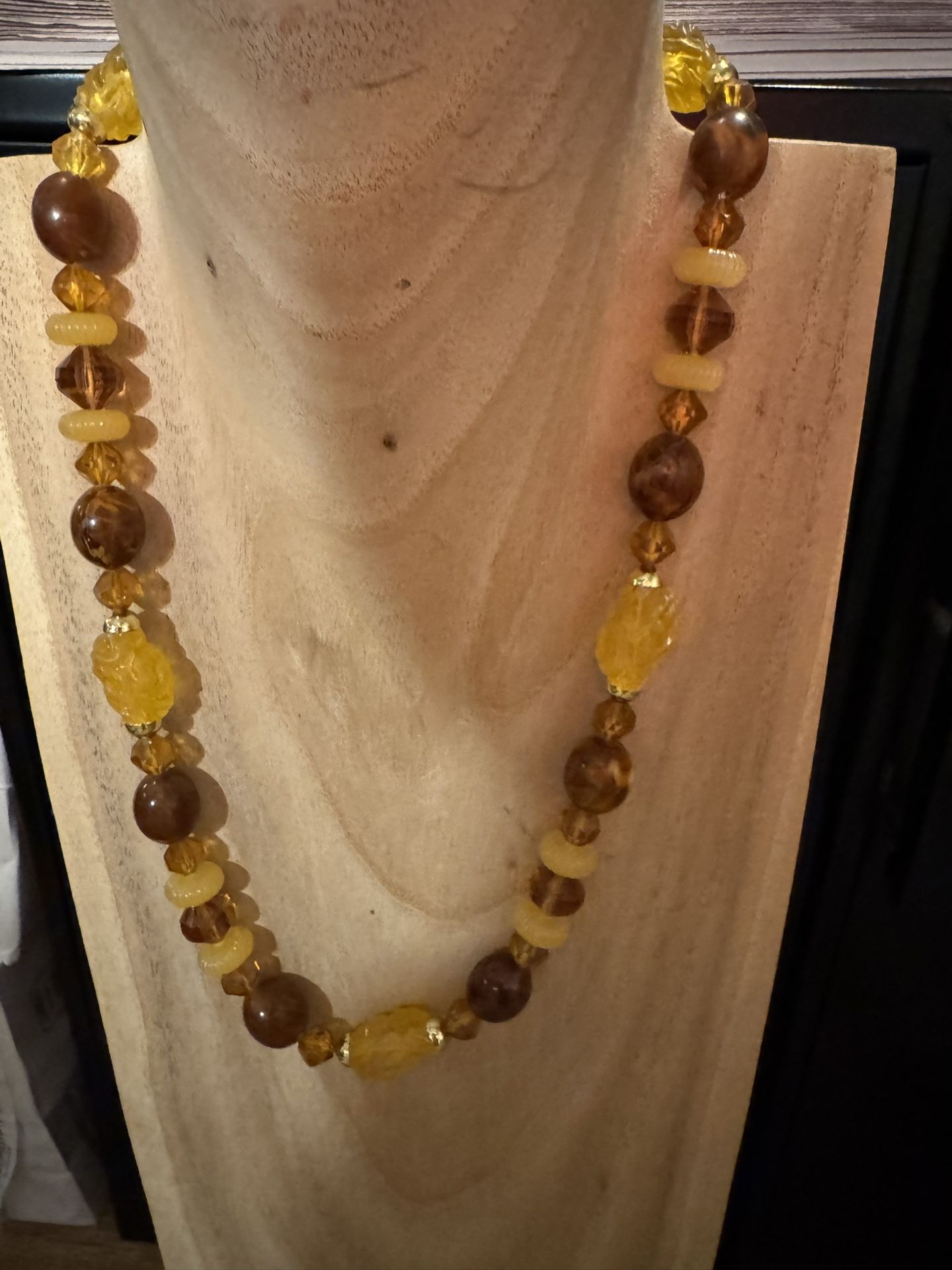 Multi colored amber/yellow tones and shaped resin beaded necklace 24” length  