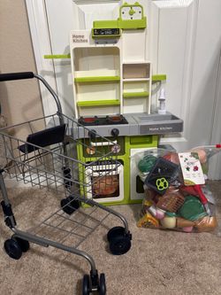 Small kids kitchen playset, cart, and misc. food accessories