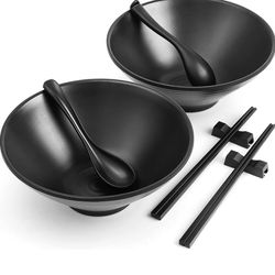 Edward Appliances & Supplies - Black Melamine Ramen Bowls Set of 2 Bowls, Chopsticks, Spoons and Stands, Big Size 57 oz, Pho Bowls Large, Rice, Noodle