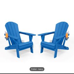 New Folding Adirondack Chair with Cup Holders Set of 2, HDPE Plastic Outdoor Chairs, Weather Resistant, Real Wood Look for Patio, Deck, Fire Pit, Back