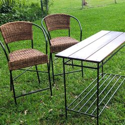 Pottery Barn Wrought Iron & Pine Side Table VINTAGE PAIR OF WROUGHT IRON  RATTON HIGH BACK CHAIRS