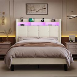 Full size Upholstered Bed Frame with LED Headboard Storage