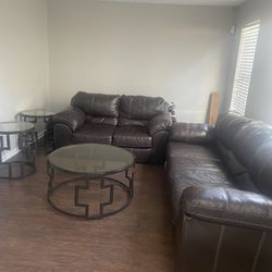 Brown Leather Sofa Set/coffee Table And 2 End Tables