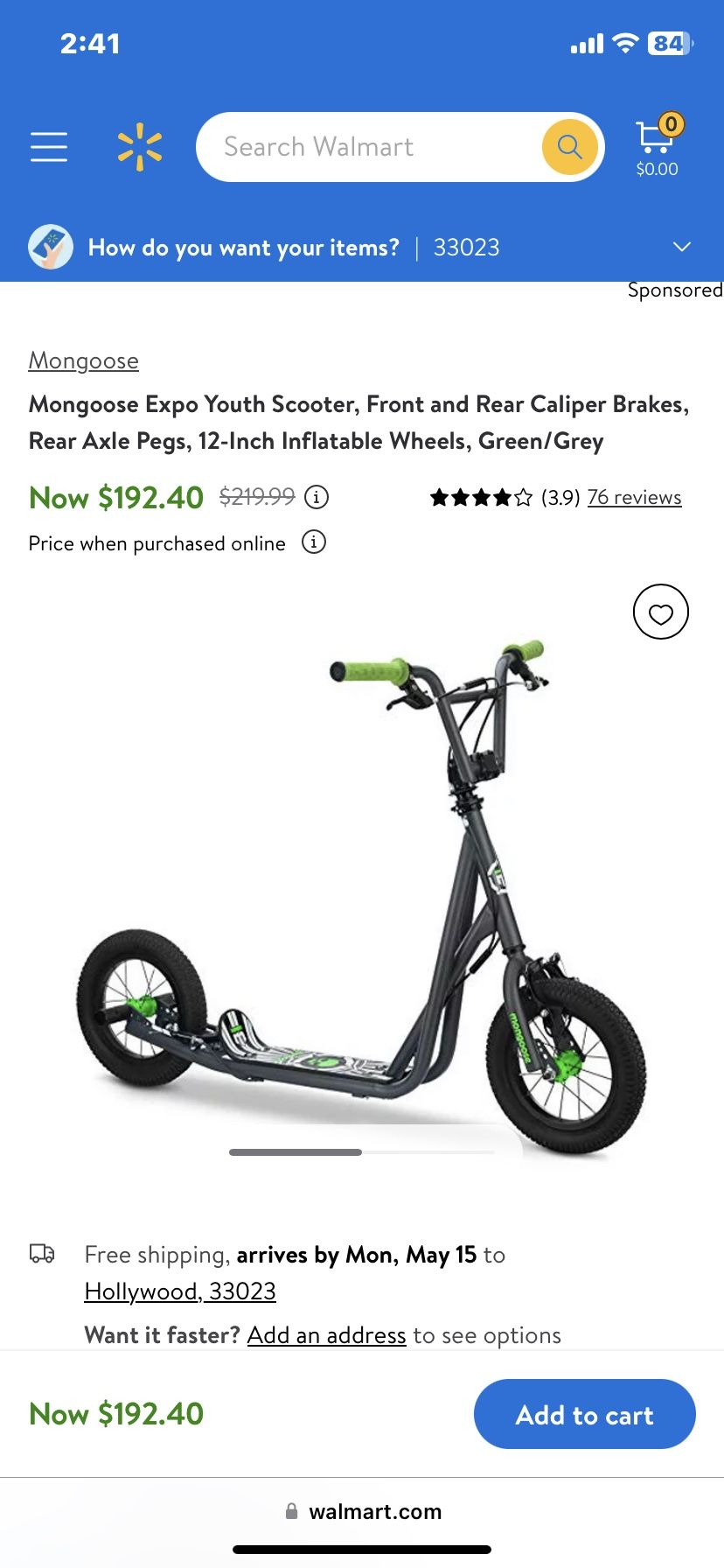 As-New! MONGOOSE EXPO YOUTH SCOOTER FRONT & REAR CALIPER BRAKES 12” INFLATABLE WHEELS GREEN / GREY