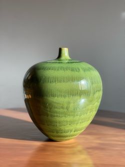 Beautiful Large Green Ceramic Vase. Avocado green color with dark green details.