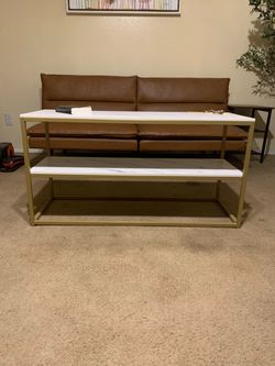 Gold Metal Console Table with Marble-Look Shelves