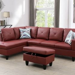 Red Leather Sectional Couch And Storage Ottoman