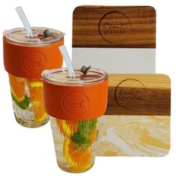 GIANT GOODS Valencia Orange 17oz Glass Tumbler 2pk. 2 Free Marble & Wood Coasters