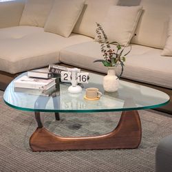Mid-Century Coffee Table Triangle Glass Top Table and Solid Wooden Base Triangle Side End Table Easy Assemble,Dark Walnut