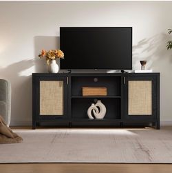 Rattan TV Stand for Living Room - 26" Tall Farmhouse Entertainment Center with Storage and W