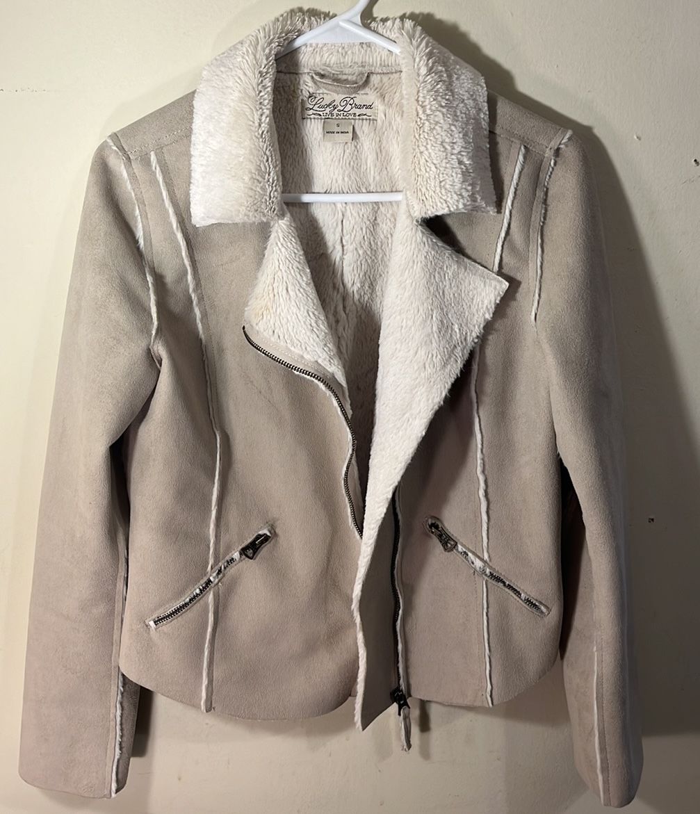 Women’s Lucky Brand Beige Faux Suede Sherpa Jacket