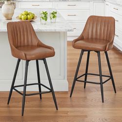 Set 2 Counter Height Bar Stools, 26'' Swivel Modern Barstools, Upholstered Bar Chairs, Faux Leather Bar Stools, Brown