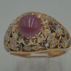 14KT YELLOW GOLD RING WITH 18 DIAMONDS 0.75PTS WITH RED STONE AND BLUE ENAMEL . MINT CONDITION. 863438-1 