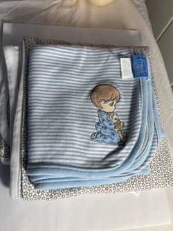 Vintage Precious Moments Beginnings Baby Blanket Blue Boy bear LOT