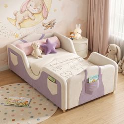Toddler Floor Bed,Upholstered Toddler Bed Frame,Wood Slats,6 storage pockets